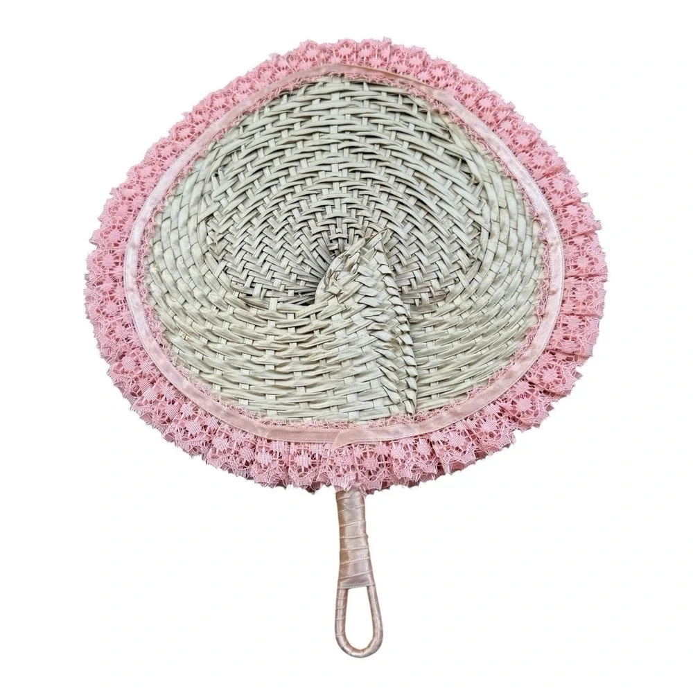 Pastel Rainbow Lace Ruffle Hand Fan Woven Straw Floral Decorative Cottagecore